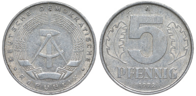 ГДР 5 пфеннигов 1972 A KM 9.1 алюминий 62-237