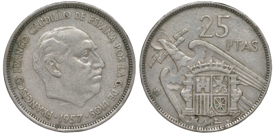 ИСПАНИЯ 25 ПЕСЕТ 1957 (63) ФРАНСИСКО ФРАНКО ДИКТАТОР ИСПАНИИ (1939-1975) KM 787 медно-никель 45-934