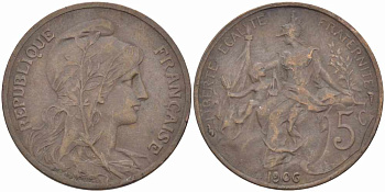 Франция 5 сантимов 1906 тип Дюпюи KM 842, LE FRANC 119.16 бронза 108-852