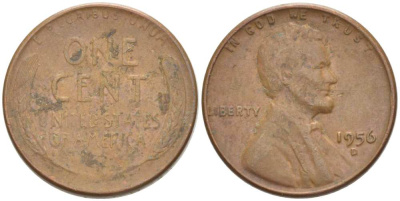 США 1 ЦЕНТ 1956 D, ЛИНКОЛЬН KM А132 медь цинк 3309-1155