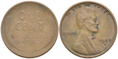 США 1 ЦЕНТ 1952 D, ЛИНКОЛЬН KM А132 медь цинк 218-612
