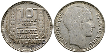 Франция 10 франков 1932 Пьер Тюрен KM 878, Le Franc 360.5 серебро 4683-1043