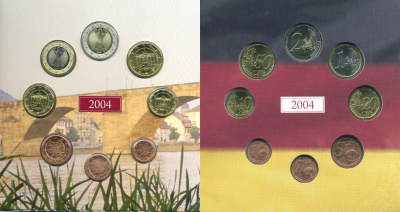 Германия набор из 3 евронаборов по 8 монет 2002-2004 буква D, мондвор Мюнхен, оригинальный набор в картонном буклете UNC 2-5-1-09
