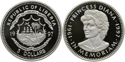 ЛИБЕРИЯ 5 ДОЛЛАРОВ 1997 МОНЕТА ПАМЯТИ, ЛЕДИ ДИАНА (1961-1997) KM 445 медно-никель PROOF 01-237-45