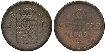 САКСОНИЯ 2 ПФЕННИГА 1859 F KM 1185 медь 75-967