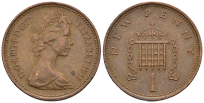 Великобритания 1 пенни 1977 Елизавета II (1952-2022) KM 915, Spink 4237 (B1) бронза 4609-512