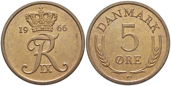 Дания 5 эре 1966 C; S, Фредерик IX (1947-1972) KM 848.1 бронза 202-721