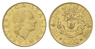 Италия 200 лир 1994 180 лет карабинерам KM 164 алюминиевая бронза UNC 4675-136