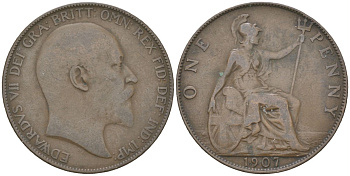 Великобритания 1 пенни 1907 Эдуард VII (1901-1910) KM 794.2, Spink 3990 бронза 3460-1035