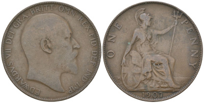 Великобритания 1 пенни 1907 Эдуард VII (1901-1910) KM 794.2, Spink 3990 бронза 3460-1035