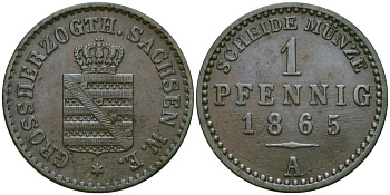 Саксен-Веймар-Эйзенах 1 пфенниг 1865 А, Карл Александр (1853-1901) KM 89, Jaeger 533, AKS 37 медь 99-565