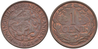 НИДЕРЛАНДЫ 1 ЦЕНТ 1941 ВИЛЬГЕЛЬМИНА (1890-1948) KM 152 бронза 39-119