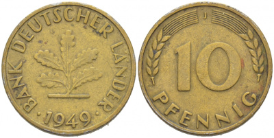 ФРГ 10 ПФЕННИГОВ 1949 J KM 103, J.378 сталь плакированная латунью 77-954