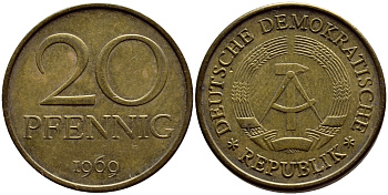 ГДР 20 пфеннигов 1969 А, первый год KM 11 латунь UNC 4398-244