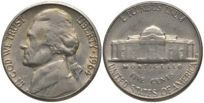 США 5 ЦЕНТОВ 1964 ДЖЕФФЕРСОН KM А192 медно-никель 181-112