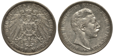 Пруссия 2 марки 1904 A, Вильгельм II (1888-1918) J.102, Weege 101, KM 522 серебро 3711-731