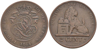 БЕЛЬГИЯ 2 САНТИМА 1864 BELGES KM 4.2 медь 4546-115
