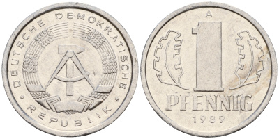 ГДР 1 пфенниг 1989 А  KM 8.2 алюминий 4115-134