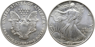 США 1 доллар 1991 шагающая свобода KM 273 серебро UNC 00-00
