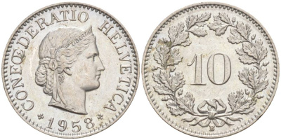 Швейцария 10 раппенов 1958 B KM 27 медно-никель     55-257