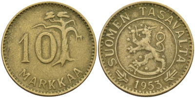 Финляндия 10 пенни 1953 KM 38 алюминиевая бронза 4152-547