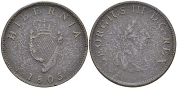 Ирландия 1/2 пенни 1805 Георг III (1760-1820) KM 147.1 медь 4112-645