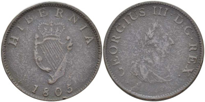 Ирландия 1/2 пенни 1805 Георг III (1760-1820) KM 147.1 медь 4112-645