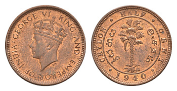 Цейлон 1/2 цента 1940 KM 110 медь UNC 1516-111
