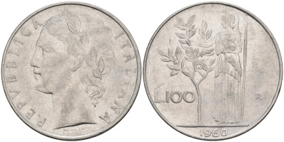 Италия 100 лир 1960 R, Афина в доспехах KM 96.1 нержавеющая сталь 4683-444