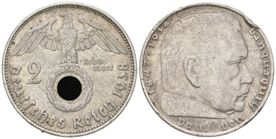 Германия 2 рейхсмарки 1938 D, Гинденбург KM 93, J. 366 серебро 4605-356