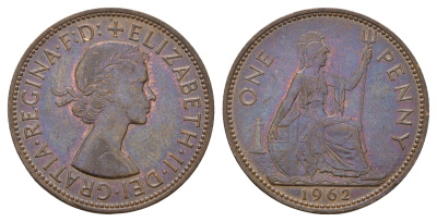 Великобритания 1 пенни 1962 Елизавета II (1952-2022) KM 897, Spink 4157 бронза 221-812