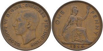 Великобритания 1 пенни 1944 Георг VI (1936-1952) KM 845, Spink 4114 бронза 4144-915