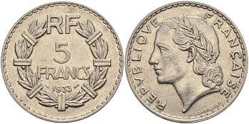 Франция 5 франков 1933 KM 888, Le Franc 336 никель 4144-345