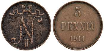 Россия для Финляндии 5 пенни 1911 Николай II (1894-1917) KM 15, Биткин 451 медь 4681-1246