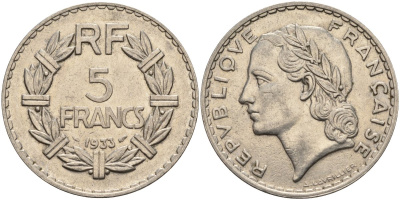 Франция 5 франков 1933 KM 888, Le Franc 336 никель 4144-345