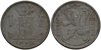 Бельгия 1 франк 1942 Belgique KM 127 цинк 4152-425
