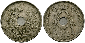 Бельгия 25 сантимов 1922 Belgie, Альберт I (1909-1934) KM 69 медно-никель 4165-831