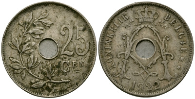 Бельгия 25 сантимов 1922 Belgie, Альберт I (1909-1934) KM 69 медно-никель 4165-831