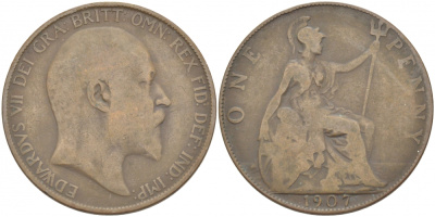 Великобритания 1 пенни 1907 Эдуард VII (1901-1910) KM 794.2, Spink 3990 бронза 215-243