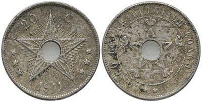 Бельгийское Конго 20 сантимов 1911 Альберт I (1909-1934) KM 19 медно-никель 34-657
