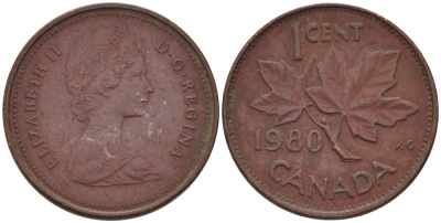 Канада 1 цент 1980 Елизавета II (1952-2022), кленовый лист KM 127 бронза 75-1114