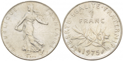 ФРАНЦИЯ 1 ФРАНК 1975 СЕЯТЕЛЬ KM 925.1 никель UNC 4402-1124