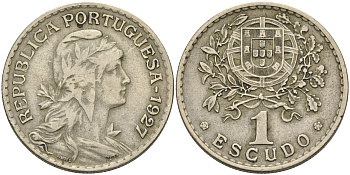 Португалия 1 эскудо 1927 голова Свободы вправо KM 578 никель латунь 4563-1014