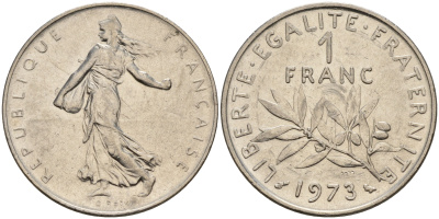 Франция 1 франк 1973 сеятель KM 925.1 никель    4153-442
