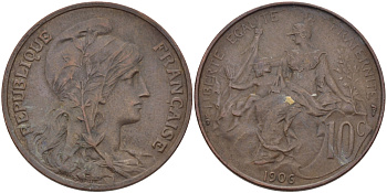 Франция 10 сантимов 1906 тип Дюпюи KM 843, LA FRANC 136.16 бронза 3460-225