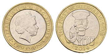 Великобритания 2 фунта 2014 100 лет Первой Мировой войне KM 1279 биметалл 00-00