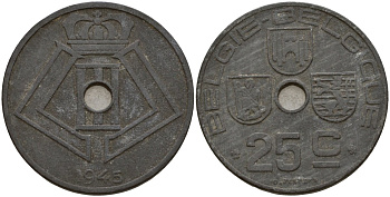 Бельгия 25 сантимов 1945 Belgie-Belgique, Леопольд III (1934-1947), германская оккупация KM 132 цинк 4157-643