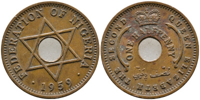 Нигерия 1/2 пенни 1959 Елизавета II (1952-), Британский протекторат KM 1 бронза 4387-565