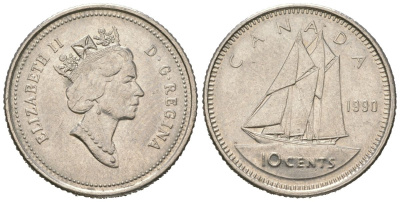 Канада 10 центов 1990 Елизавета II (1952-2022), парусник KM 183 никель 4381-748