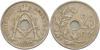 Бельгия 25 сантимов 1922 Belgie, Альберт I (1909-1934) KM 69 медно-никель 4546-143